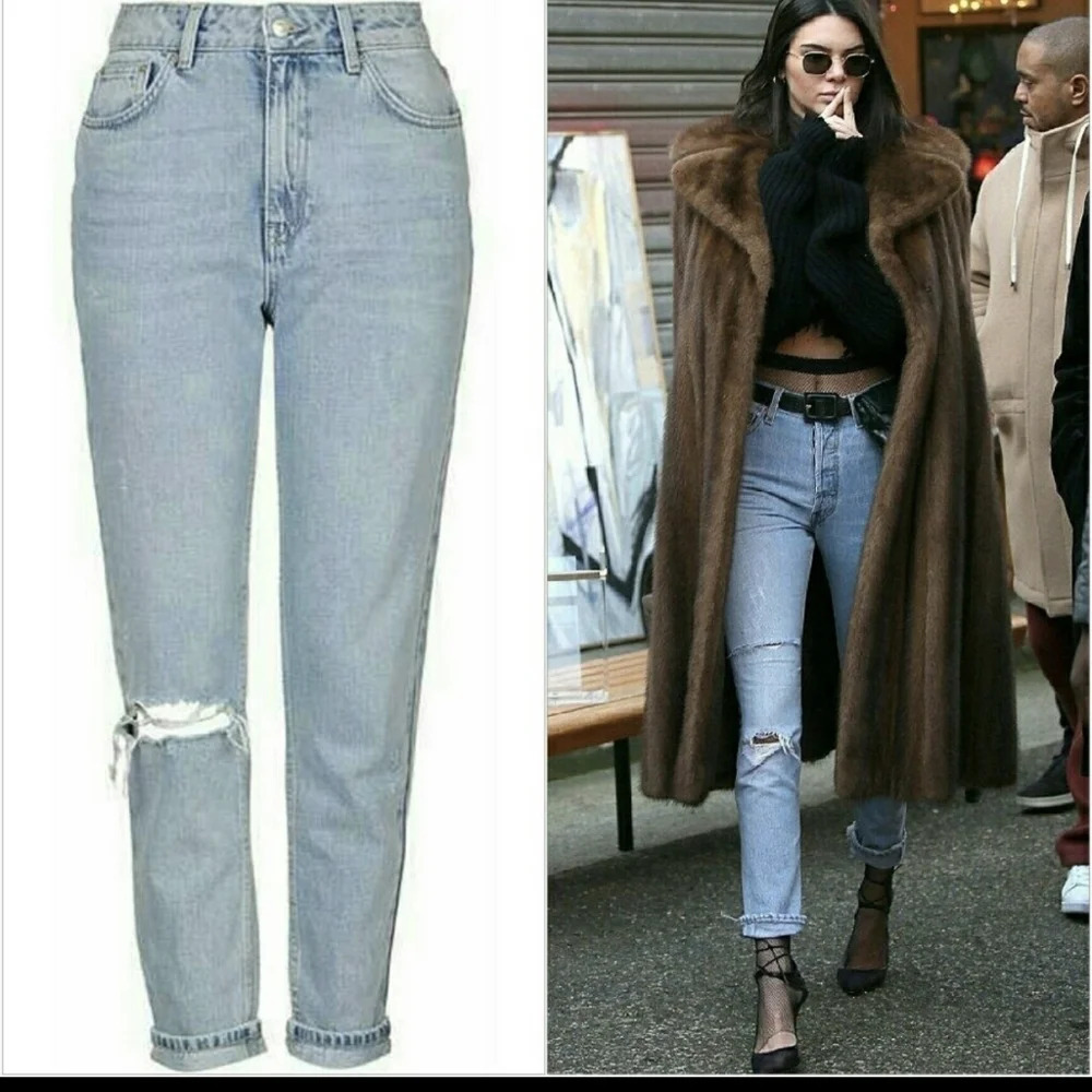 Topshop MOM Jeans Bleach Light Wash Ripped Distressed Straight Leg High Rise 32